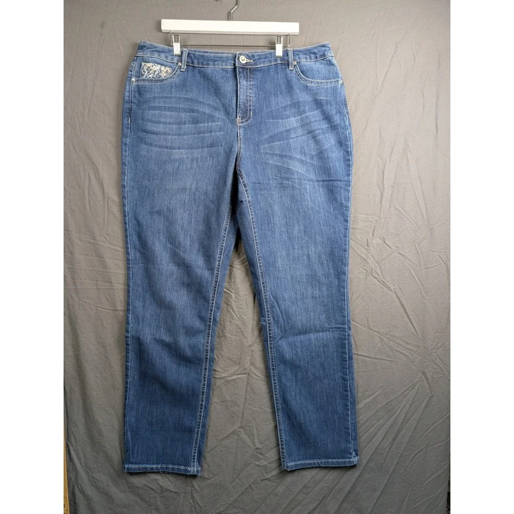 CJ Banks Womens 18W Tall Blue Straight Leg Embroidered Pocket Jeans